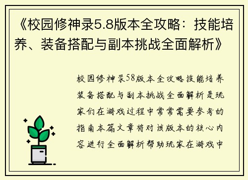 《校园修神录5.8版本全攻略：技能培养、装备搭配与副本挑战全面解析》